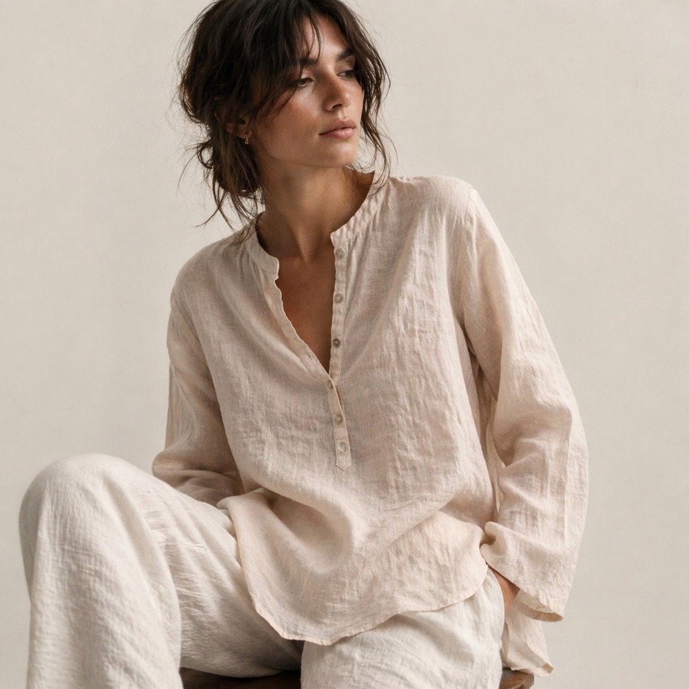 Eileen Fisher Lightweight Linen Henley in Soft Blush